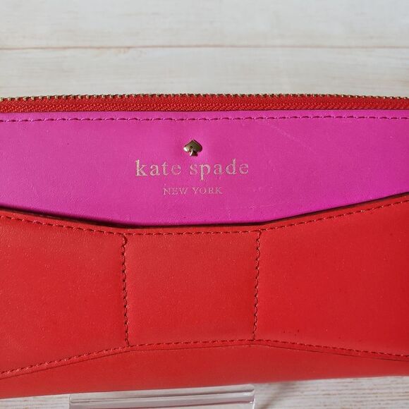 Kate Spade Leather Neda Bridge Place Zip Around Long Wallet Bow Pink Red - Picture 7 of 16
